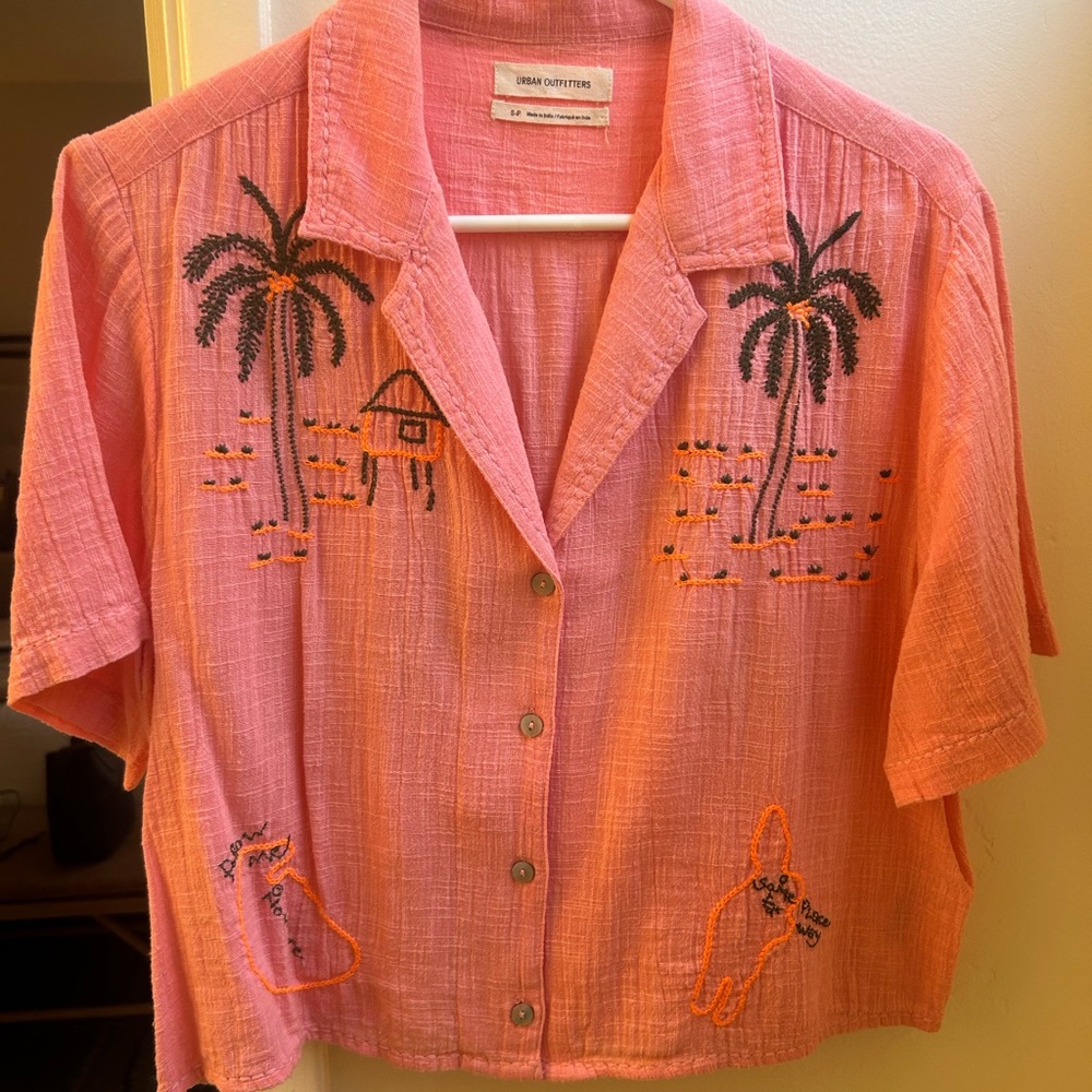 Pink Embroidered Button-Up Shirt